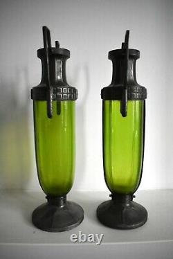 Pair of WMF Art Nouveau Green Glass Vases EP OX Siver Plated Jugendstil