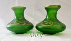 Pair of c1900 Bohemian Art Nouveau Green Satin Glass Vases, Snake Design, 18cm