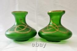 Pair of c1900 Bohemian Art Nouveau Green Satin Glass Vases, Snake Design, 18cm