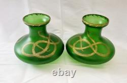 Pair of c1900 Bohemian Art Nouveau Green Satin Glass Vases, Snake Design, 18cm