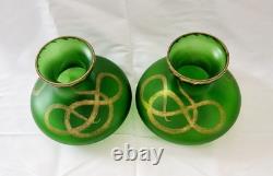 Pair of c1900 Bohemian Art Nouveau Green Satin Glass Vases, Snake Design, 18cm
