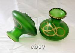 Pair of c1900 Bohemian Art Nouveau Green Satin Glass Vases, Snake Design, 18cm