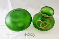 Pair of c1900 Bohemian Art Nouveau Green Satin Glass Vases, Snake Design, 18cm