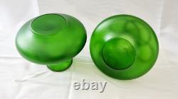 Pair of c1900 Bohemian Art Nouveau Green Satin Glass Vases, Snake Design, 18cm