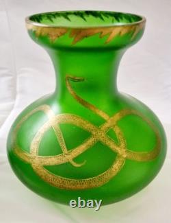 Pair of c1900 Bohemian Art Nouveau Green Satin Glass Vases, Snake Design, 18cm