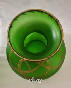 Pair of c1900 Bohemian Art Nouveau Green Satin Glass Vases, Snake Design, 18cm