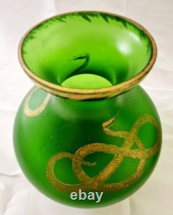 Pair of c1900 Bohemian Art Nouveau Green Satin Glass Vases, Snake Design, 18cm