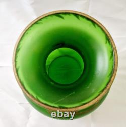 Pair of c1900 Bohemian Art Nouveau Green Satin Glass Vases, Snake Design, 18cm