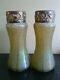 Pair Of Rare Kralik Iridescent Green Overshot Art Nouveau Glass Vases Metal Top