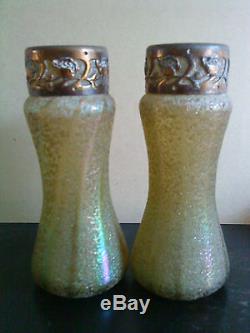 Pair of rare Kralik Iridescent green overshot Art Nouveau Glass Vases metal top