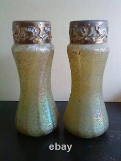 Pair of rare Kralik Iridescent green overshot Art Nouveau Glass Vases metal top