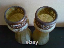 Pair of rare Kralik Iridescent green overshot Art Nouveau Glass Vases metal top