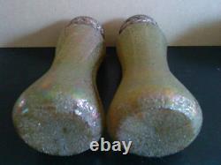 Pair of rare Kralik Iridescent green overshot Art Nouveau Glass Vases metal top