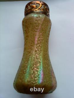 Pair of rare Kralik Iridescent green overshot Art Nouveau Glass Vases metal top