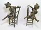 Pair Solid Bronze Art Nouveau Girls On Chairs 12 Figurines Signed A. Moreau