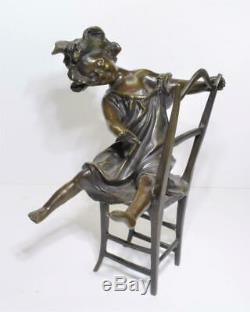 Pair solid bronze Art Nouveau Girls on Chairs 12 figurines signed A. Moreau