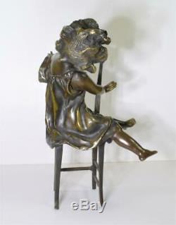 Pair solid bronze Art Nouveau Girls on Chairs 12 figurines signed A. Moreau