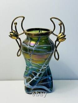Palme Konig Art Nouveau Green Glass Iridescent Veined Vase Gilt Metal In 1900