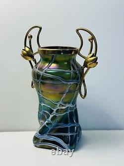 Palme Konig Art Nouveau Green Glass Iridescent Veined Vase Gilt Metal In 1900