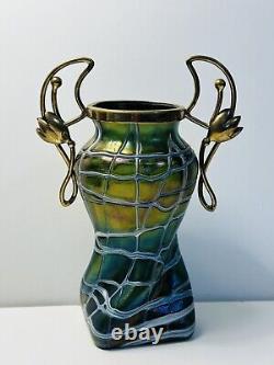 Palme Konig Art Nouveau Green Glass Iridescent Veined Vase Gilt Metal In 1900