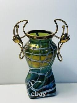 Palme Konig Art Nouveau Green Glass Iridescent Veined Vase Gilt Metal In 1900
