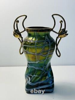 Palme Konig Art Nouveau Green Glass Iridescent Veined Vase Gilt Metal In 1900