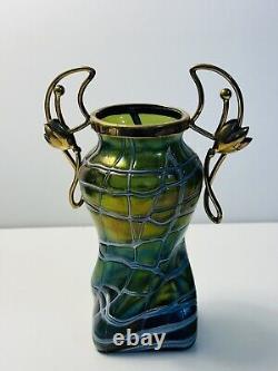 Palme Konig Art Nouveau Green Glass Iridescent Veined Vase Gilt Metal In 1900