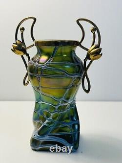 Palme Konig Art Nouveau Green Glass Iridescent Veined Vase Gilt Metal In 1900
