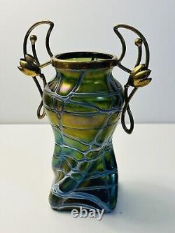 Palme Konig Art Nouveau Green Glass Iridescent Veined Vase Gilt Metal In 1900