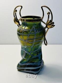 Palme Konig Art Nouveau Green Glass Iridescent Veined Vase Gilt Metal In 1900