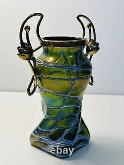 Palme Konig Art Nouveau Green Glass Iridescent Veined Vase Gilt Metal In 1900