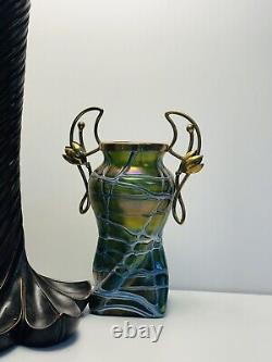 Palme Konig Art Nouveau Green Glass Iridescent Veined Vase Gilt Metal In 1900