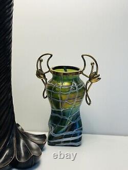 Palme Konig Art Nouveau Green Glass Iridescent Veined Vase Gilt Metal In 1900