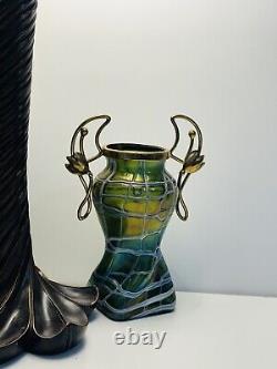 Palme Konig Art Nouveau Green Glass Iridescent Veined Vase Gilt Metal In 1900