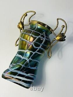 Palme Konig Art Nouveau Green Glass Iridescent Veined Vase Gilt Metal In 1900
