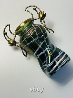 Palme Konig Art Nouveau Green Glass Iridescent Veined Vase Gilt Metal In 1900
