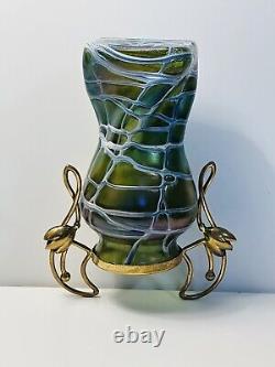 Palme Konig Art Nouveau Green Glass Iridescent Veined Vase Gilt Metal In 1900