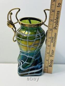 Palme Konig Art Nouveau Green Glass Iridescent Veined Vase Gilt Metal In 1900