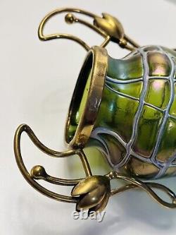 Palme Konig Art Nouveau Green Glass Iridescent Veined Vase Gilt Metal In 1900