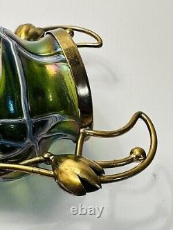 Palme Konig Art Nouveau Green Glass Iridescent Veined Vase Gilt Metal In 1900