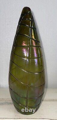 Palme Konig Art Nouveau Vase, Missing Base 11 1/4 Green iridescent glass