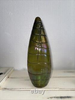 Palme Konig Art Nouveau Vase, Missing Base 11 1/4 Green iridescent glass