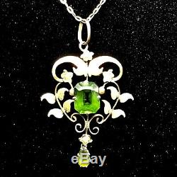 Pendant 9ct Lavalier Art Nouveau Nat Seed Pearls And Green Paste Stones