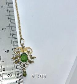 Pendant 9ct Lavalier Art Nouveau Nat Seed Pearls And Green Paste Stones