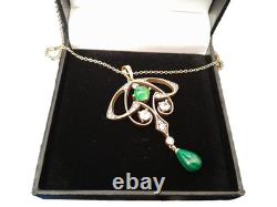 Pendant Art Nouveau Matte Aged Gold Pendant Necklace, Genuine Green Agate