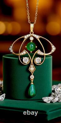 Pendant Art Nouveau Matte Aged Gold Pendant Necklace, Genuine Green Agate