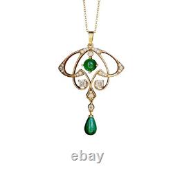 Pendant Art Nouveau Matte Aged Gold Pendant Necklace, Genuine Green Agate
