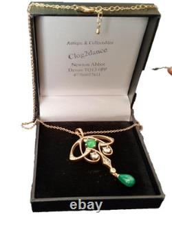 Pendant Art Nouveau Matte Aged Gold Pendant Necklace, Genuine Green Agate