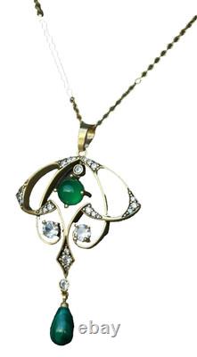Pendant Art Nouveau Matte Aged Gold Pendant Necklace, Genuine Green Agate