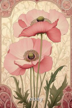 Pink Green Art Nouveau Vintage And Floral Art Canvas Art Picture Or Gloss Print